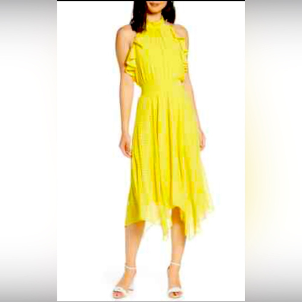 Eliza J Bright Yellow/White Polka Dot Halter Sharkbite Hemline Sundress Size 14